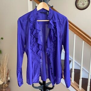 New York & Company 100% Cotton Purple Long Sleeve Ruffled Collar Shirt Size M
